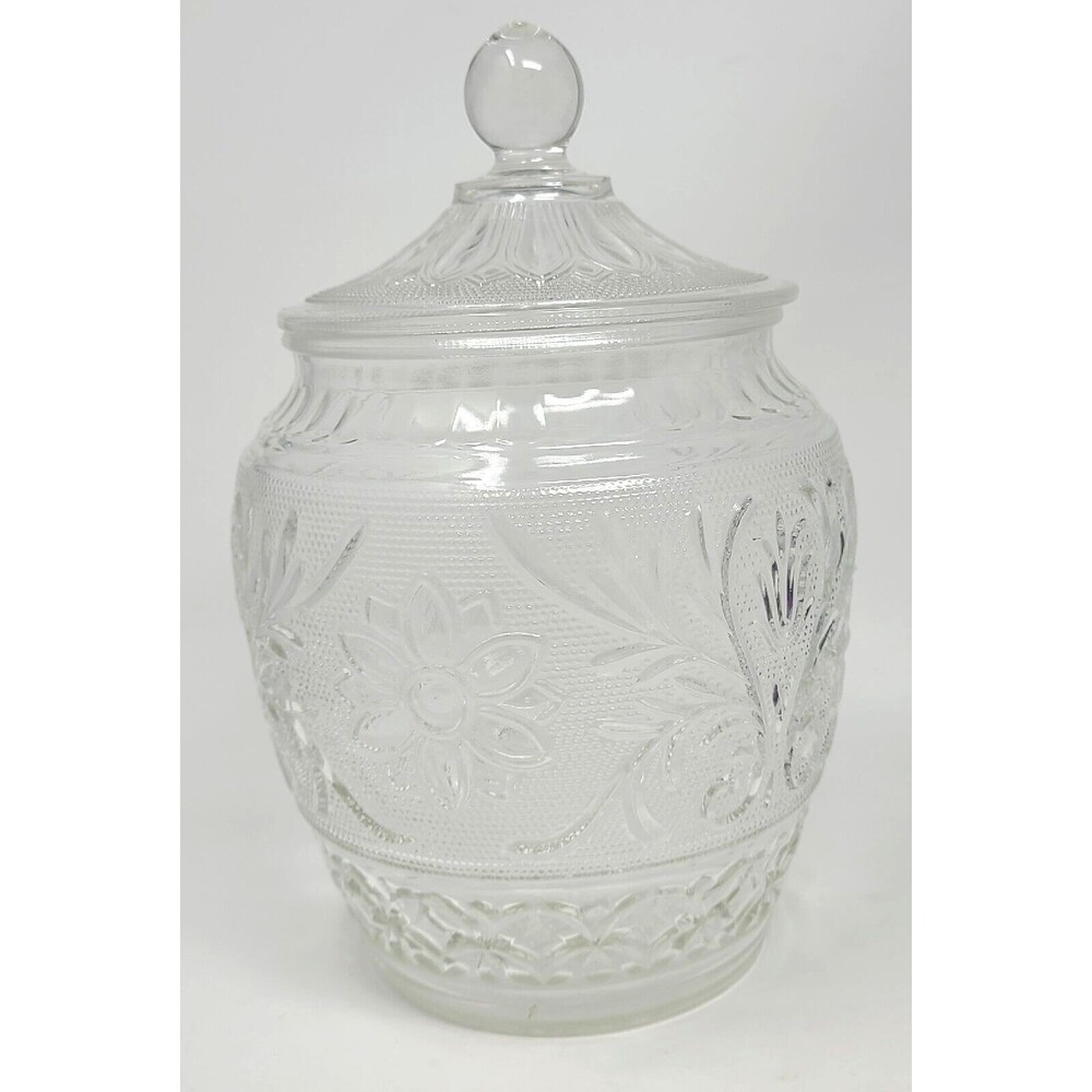 Clear Glass Cookie Jar w\ Lid Daisy Pattern MCM Vintage Anchor Hocking Sandwich